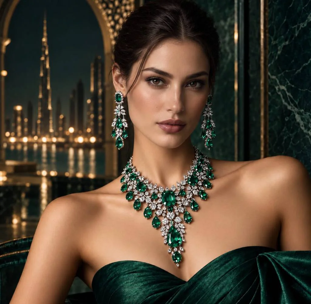 Model wearing an emerald and diamond jewelry set